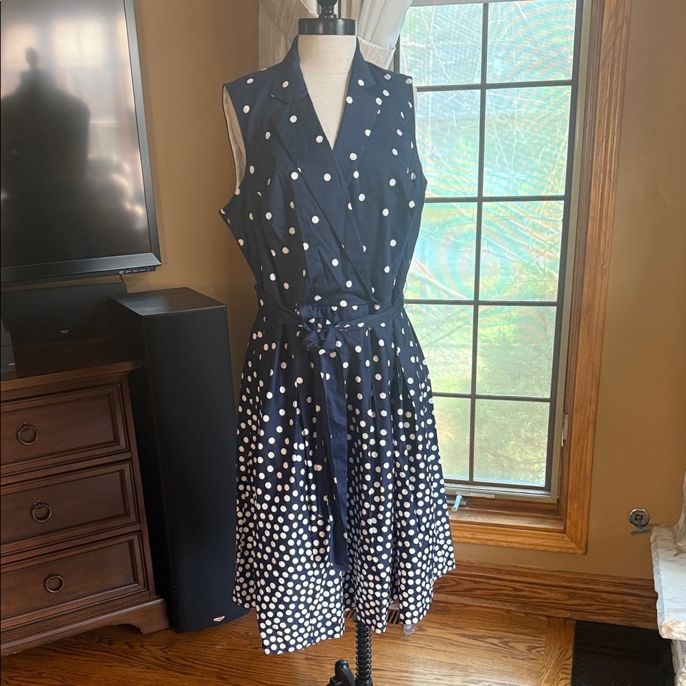 Anne Klein Navy and White Polka Dot Midi Dress